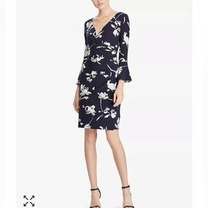 Lauren Ralph Lauren Floral Navy/White Faux Wrap Bell Sleeve Dress Size 6 US